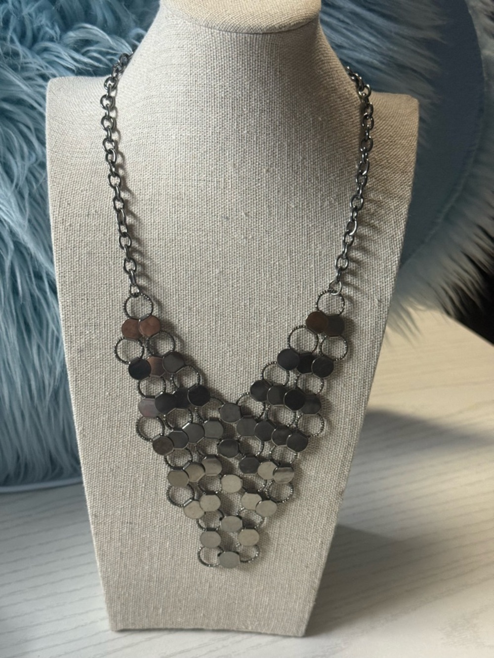 Statement Hematite-Tone V-Shaped Disc Necklace